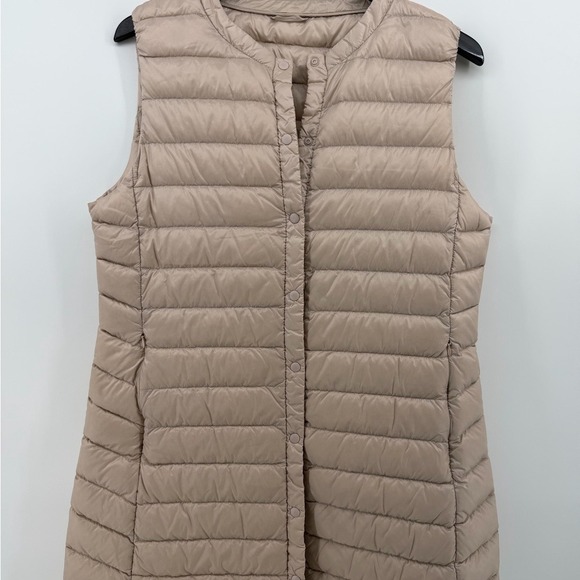 ELFJOY Womens Long Puffer Vest Beige Sleeveless Full Zip Down Fill Size L - Picture 1 of 8